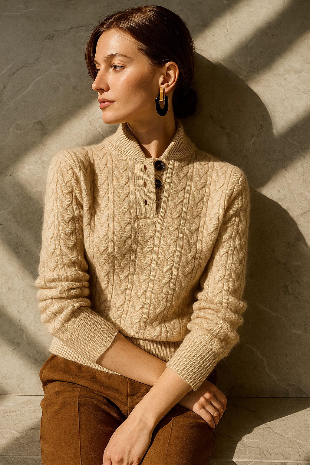 Harriet | Chic Cable Knit Button Neck Womens Jumpers