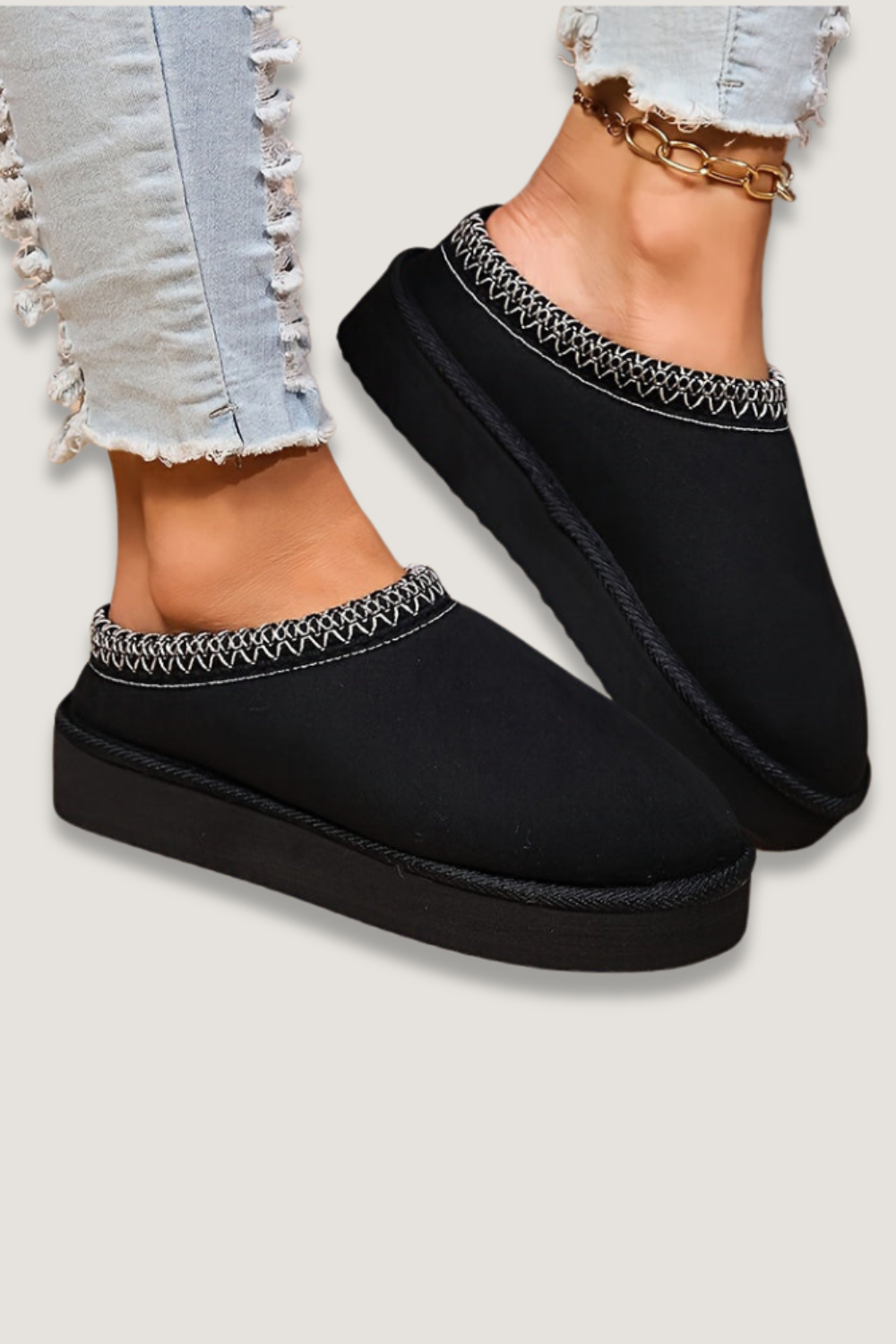 Harriet | Cosy Embroidered Trim Platform Womens Slippers
