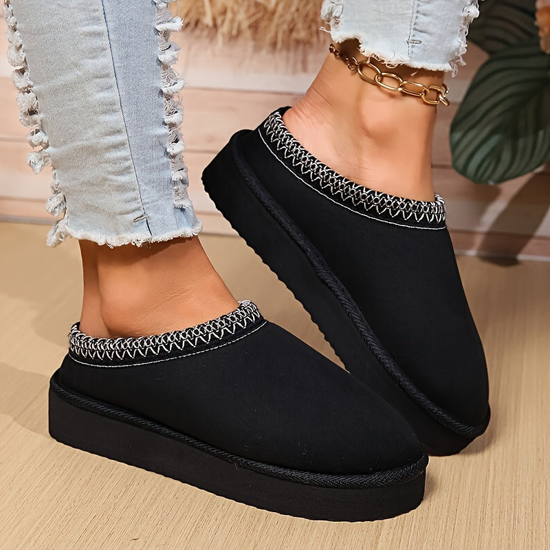 Harriet | Cosy Embroidered Trim Platform Womens Slippers