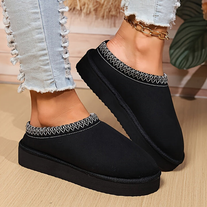 Harriet | Cosy Embroidered Trim Platform Womens Slippers