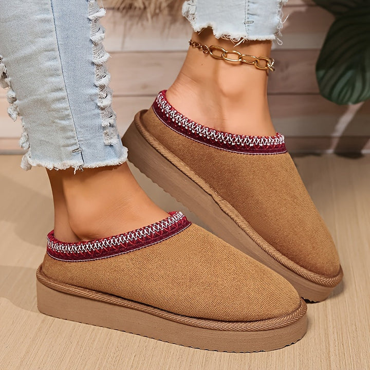 Harriet | Cosy Embroidered Trim Platform Womens Slippers