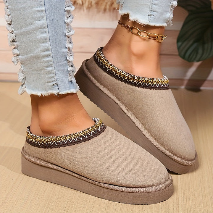 Harriet | Cosy Embroidered Trim Platform Womens Slippers