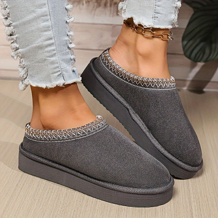 Harriet | Cosy Embroidered Trim Platform Womens Slippers