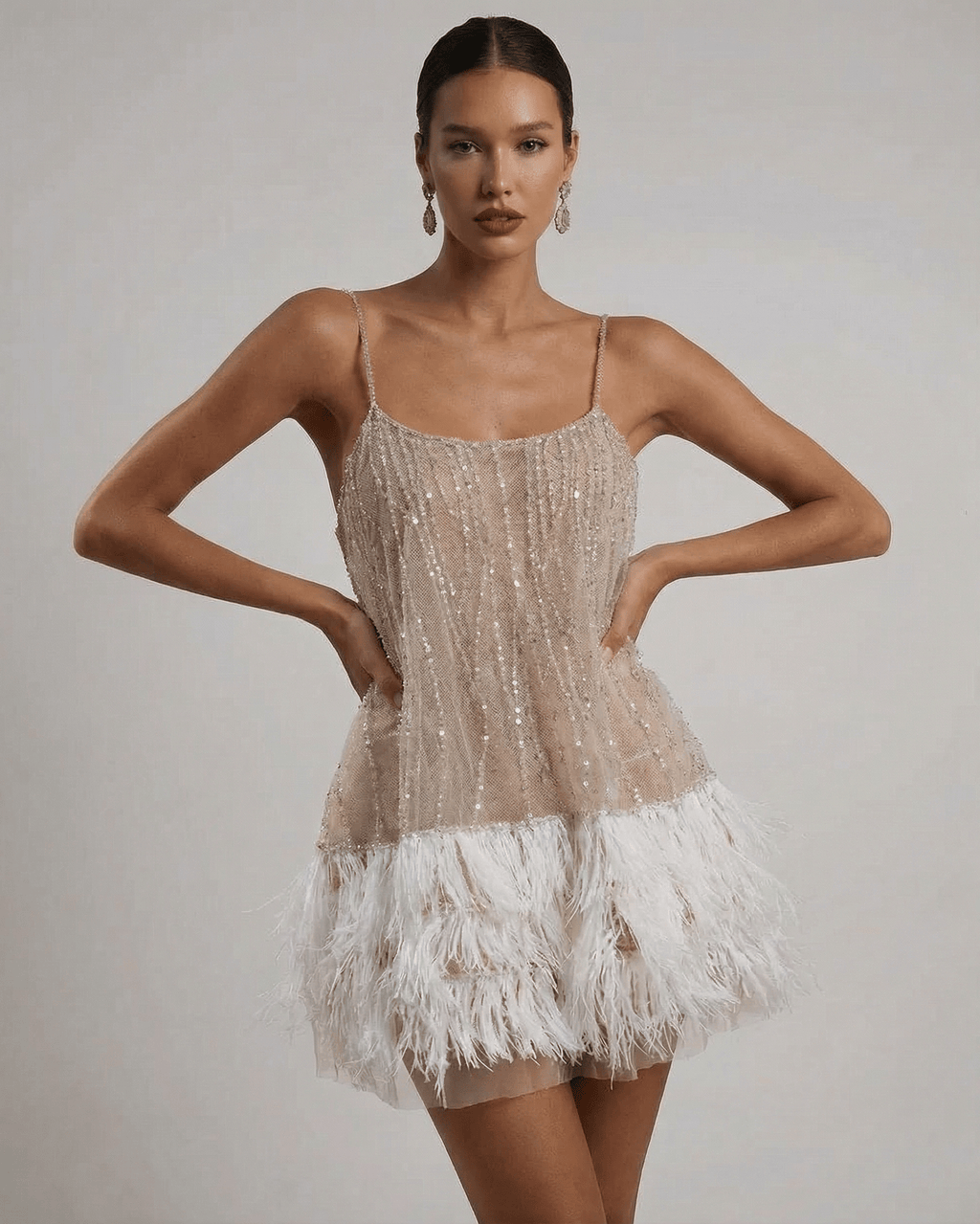 Hazel | Elegant Off-Shoulder Sequin Feather Dress with Mini Hem