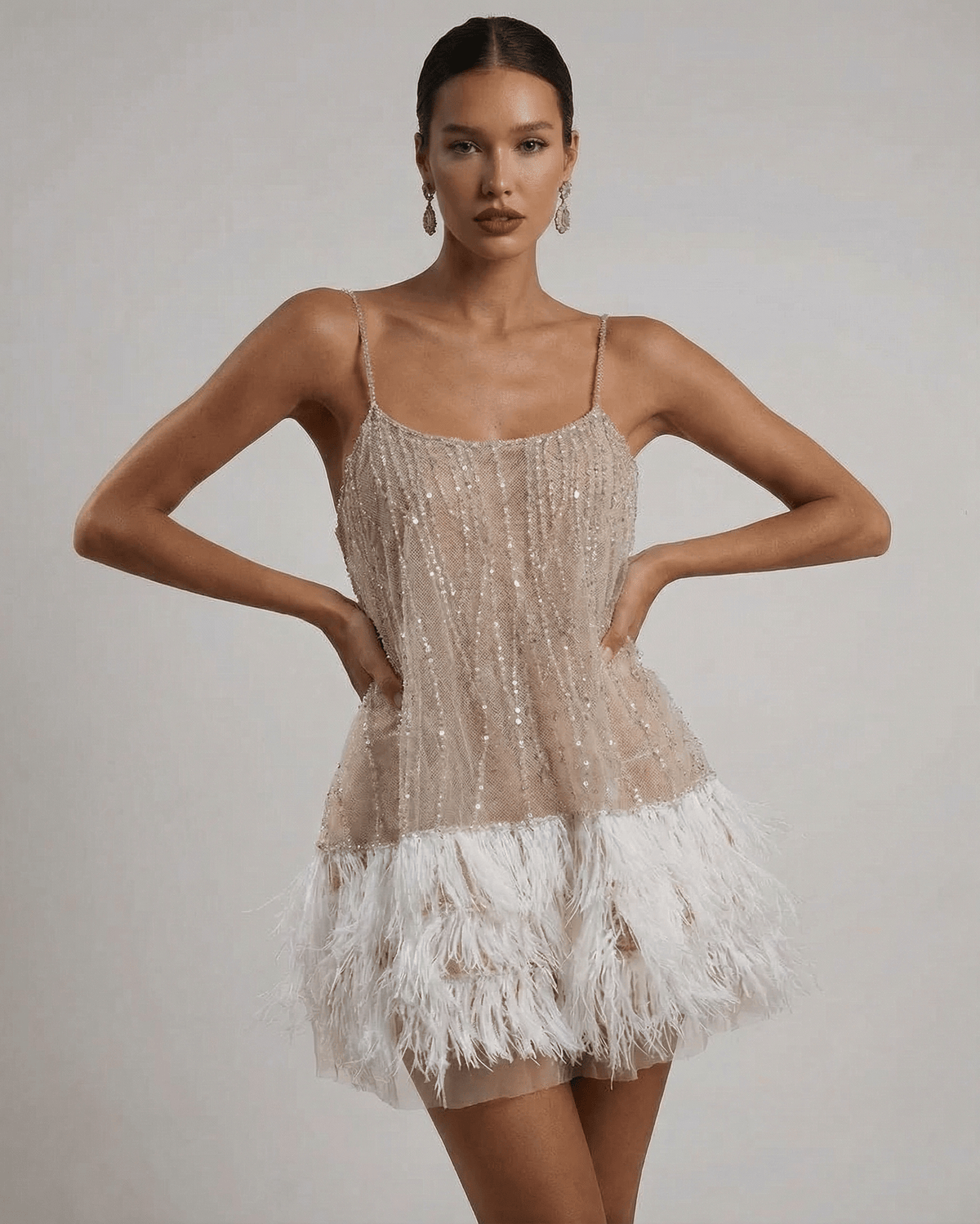 Hazel | Elegant Off-Shoulder Sequin Feather Dress with Mini Hem