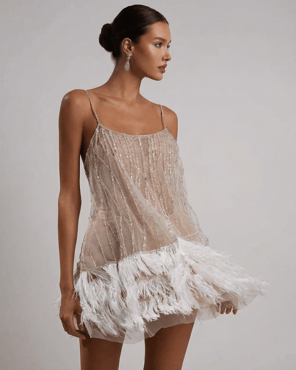 Hazel | Elegant Off-Shoulder Sequin Feather Dress with Mini Hem