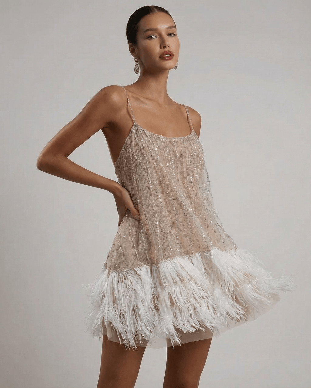 Hazel | Elegant Off-Shoulder Sequin Feather Dress with Mini Hem