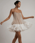 Hazel | Elegant Off-Shoulder Sequin Feather Dress with Mini Hem