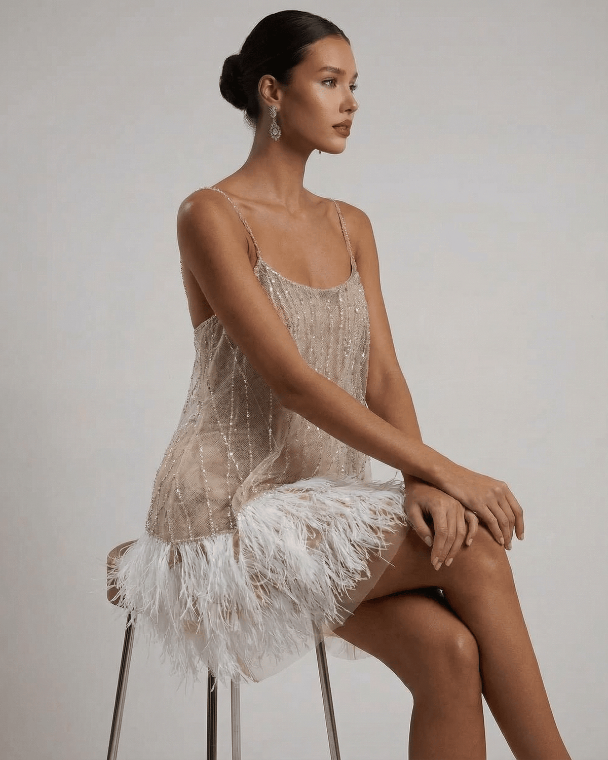 Hazel | Elegant Off-Shoulder Sequin Feather Dress with Mini Hem