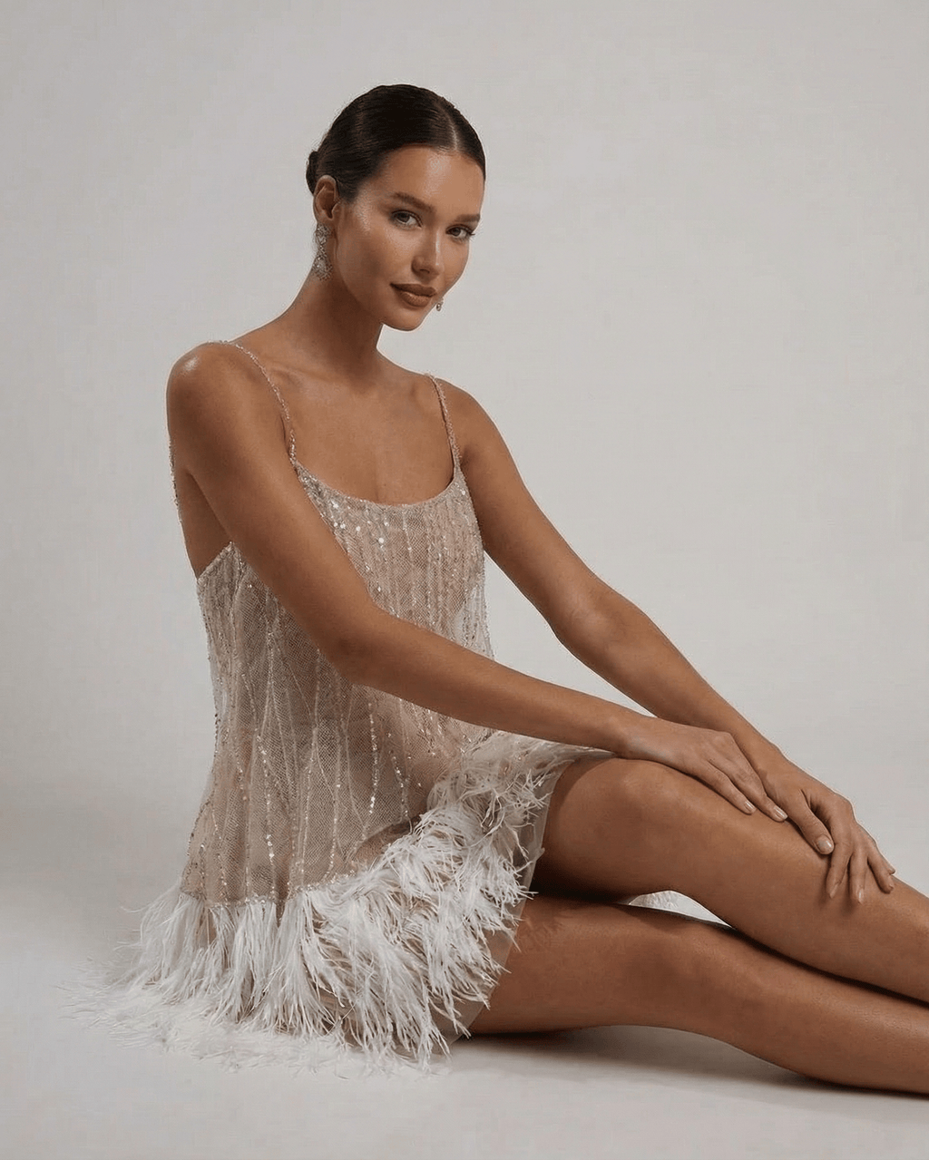Hazel | Elegant Off-Shoulder Sequin Feather Dress with Mini Hem