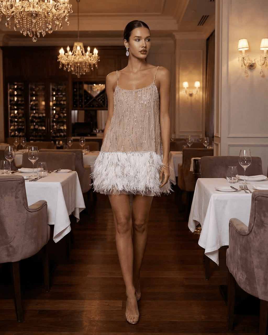 Hazel | Elegant Off-Shoulder Sequin Feather Dress with Mini Hem