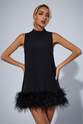 Imogen | Classic Feather Trim Mock Neck Mini Dress