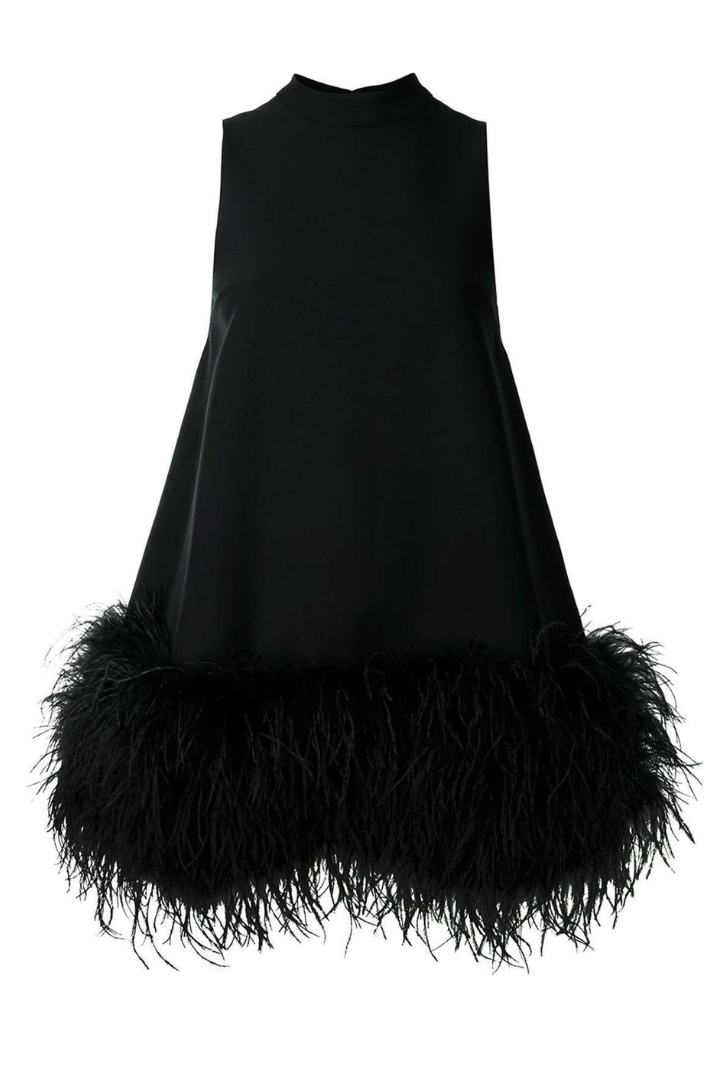 Imogen | Classic Feather Trim Mock Neck Mini Dress