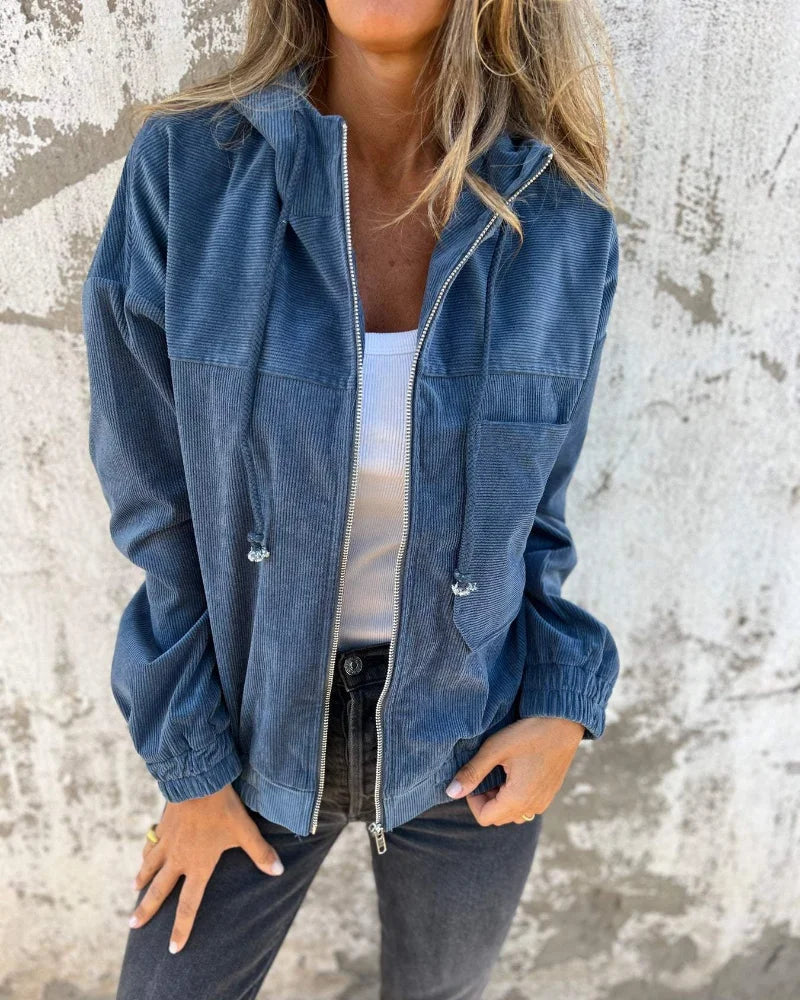 Isla | Chic Ribbed Full-Zip Hoodie Jacket with Patch Pocket