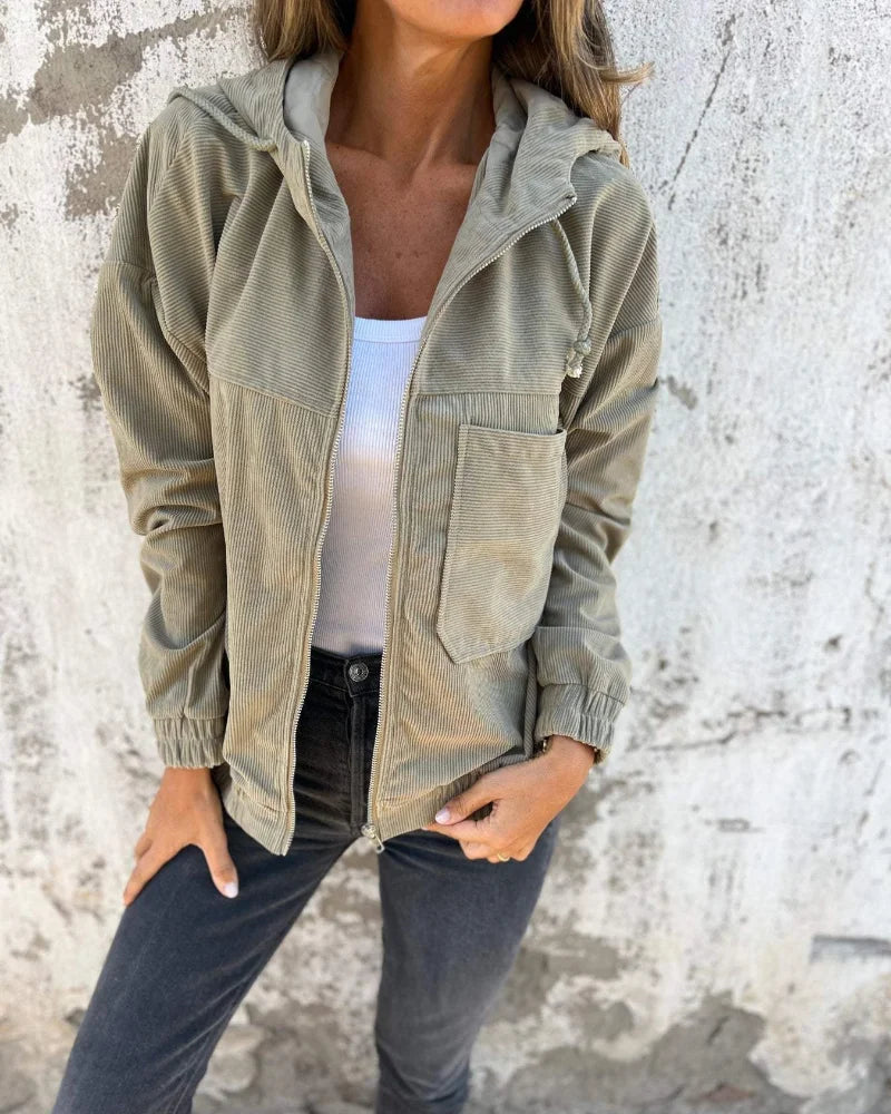 Isla | Chic Ribbed Full-Zip Hoodie Jacket with Patch Pocket
