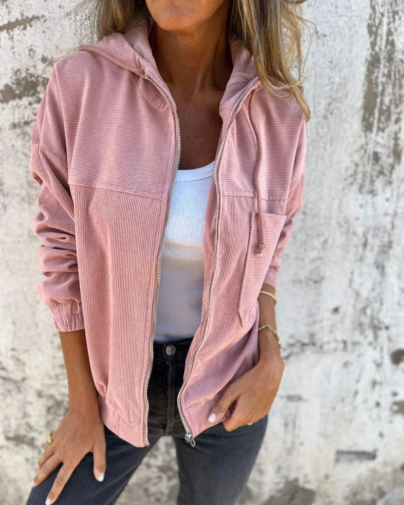 Isla | Chic Ribbed Full-Zip Hoodie Jacket with Patch Pocket