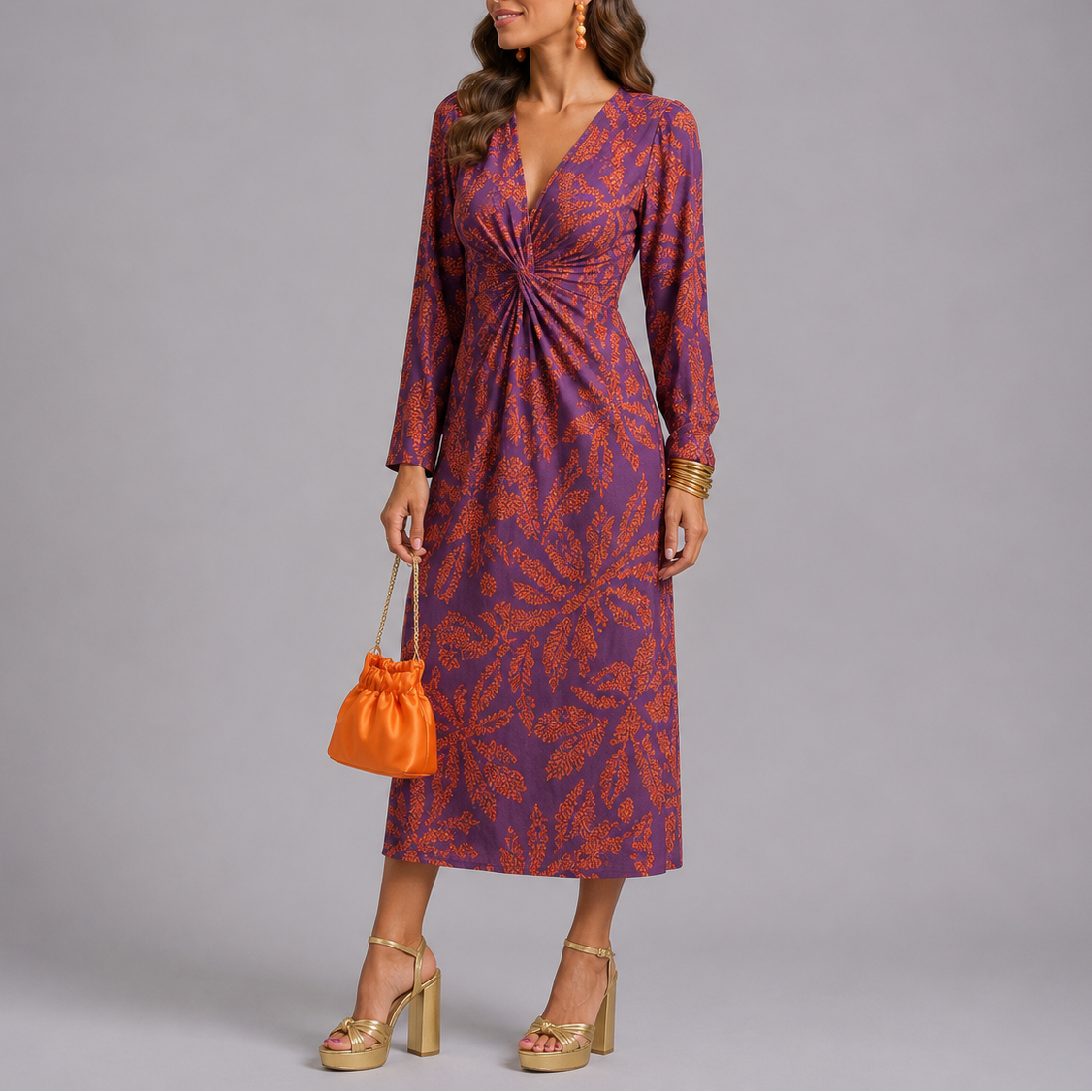 Isla | Elegant Twist-Front Black Tie Dress with Floral Print Midi Skirt