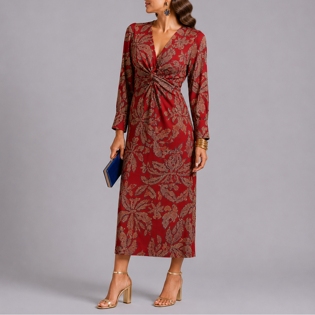 Isla | Elegant Twist-Front Black Tie Dress with Floral Print Midi Skirt
