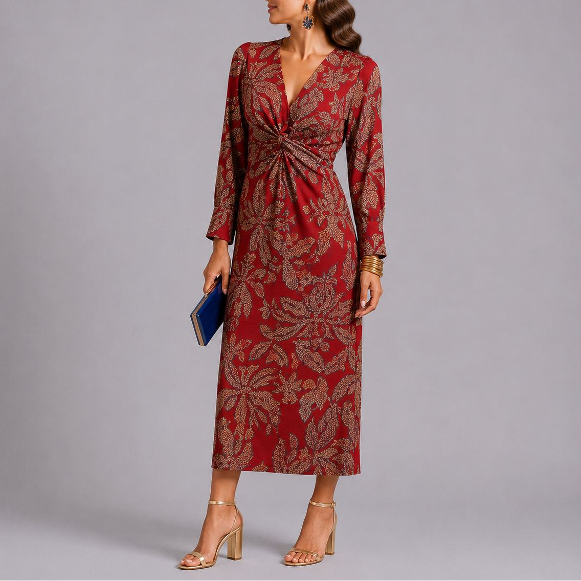 Isla | Elegant Twist-Front Black Tie Dress with Floral Print Midi Skirt