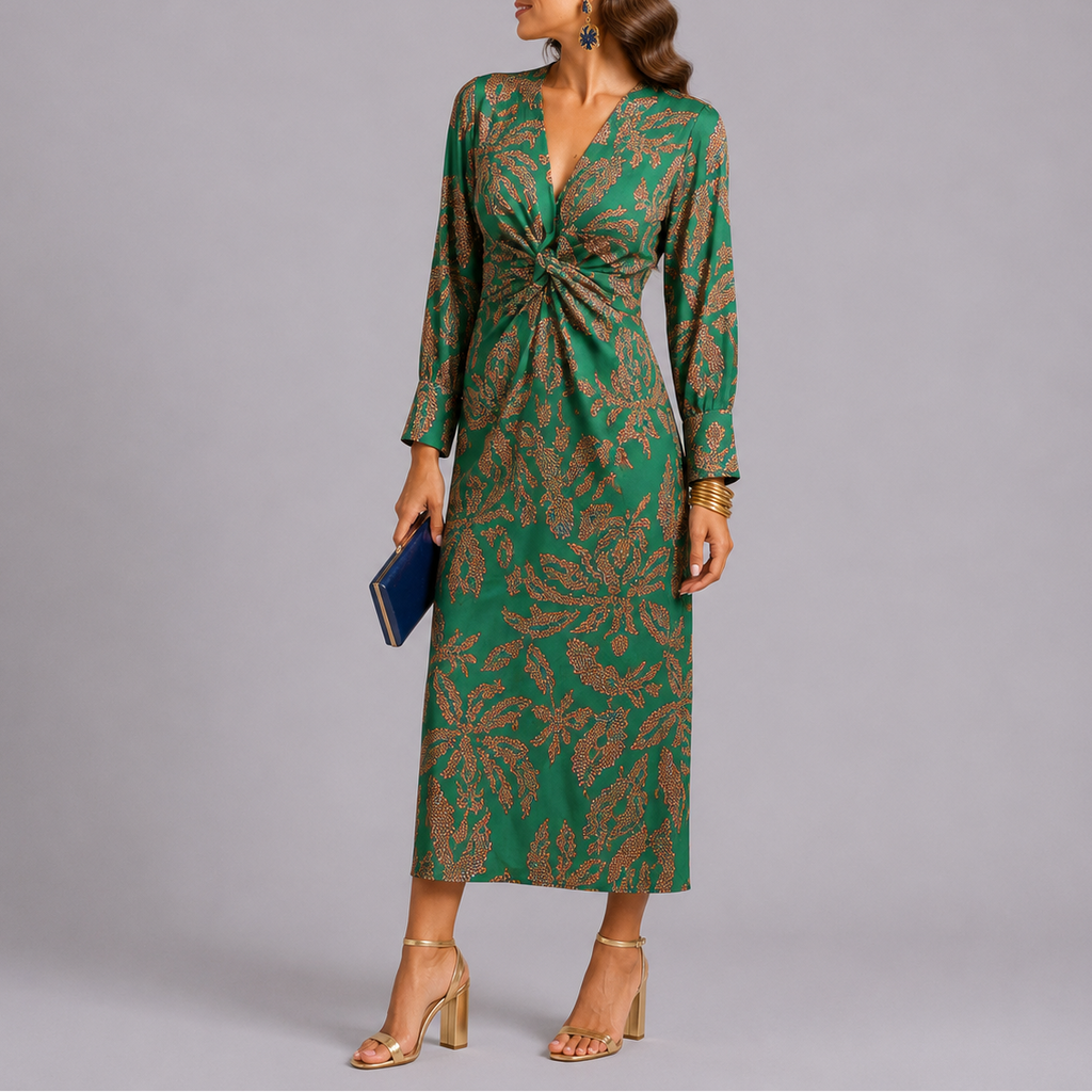 Isla | Elegant Twist-Front Black Tie Dress with Floral Print Midi Skirt