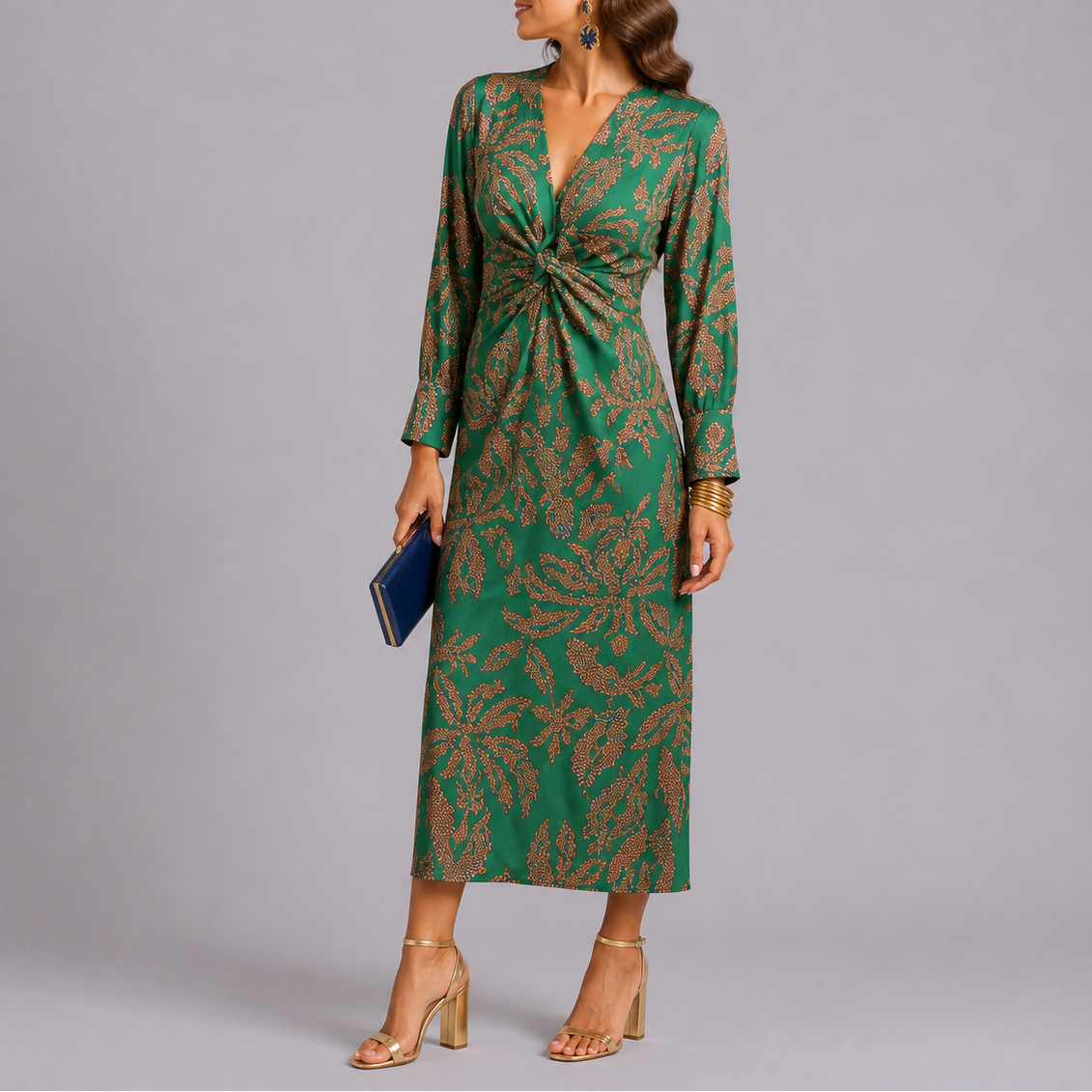 Isla | Elegant Twist-Front Black Tie Dress with Floral Print Midi Skirt