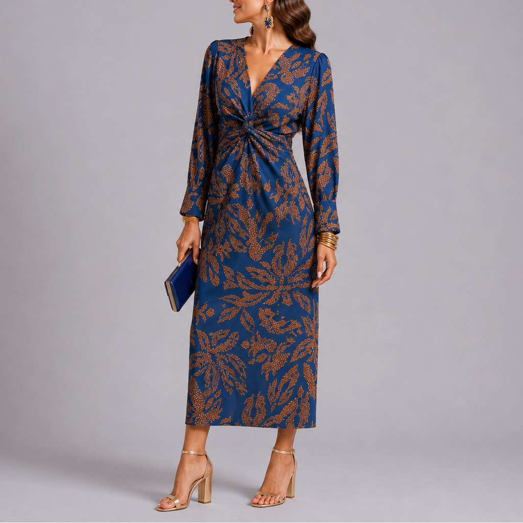 Isla | Elegant Twist-Front Black Tie Dress with Floral Print Midi Skirt