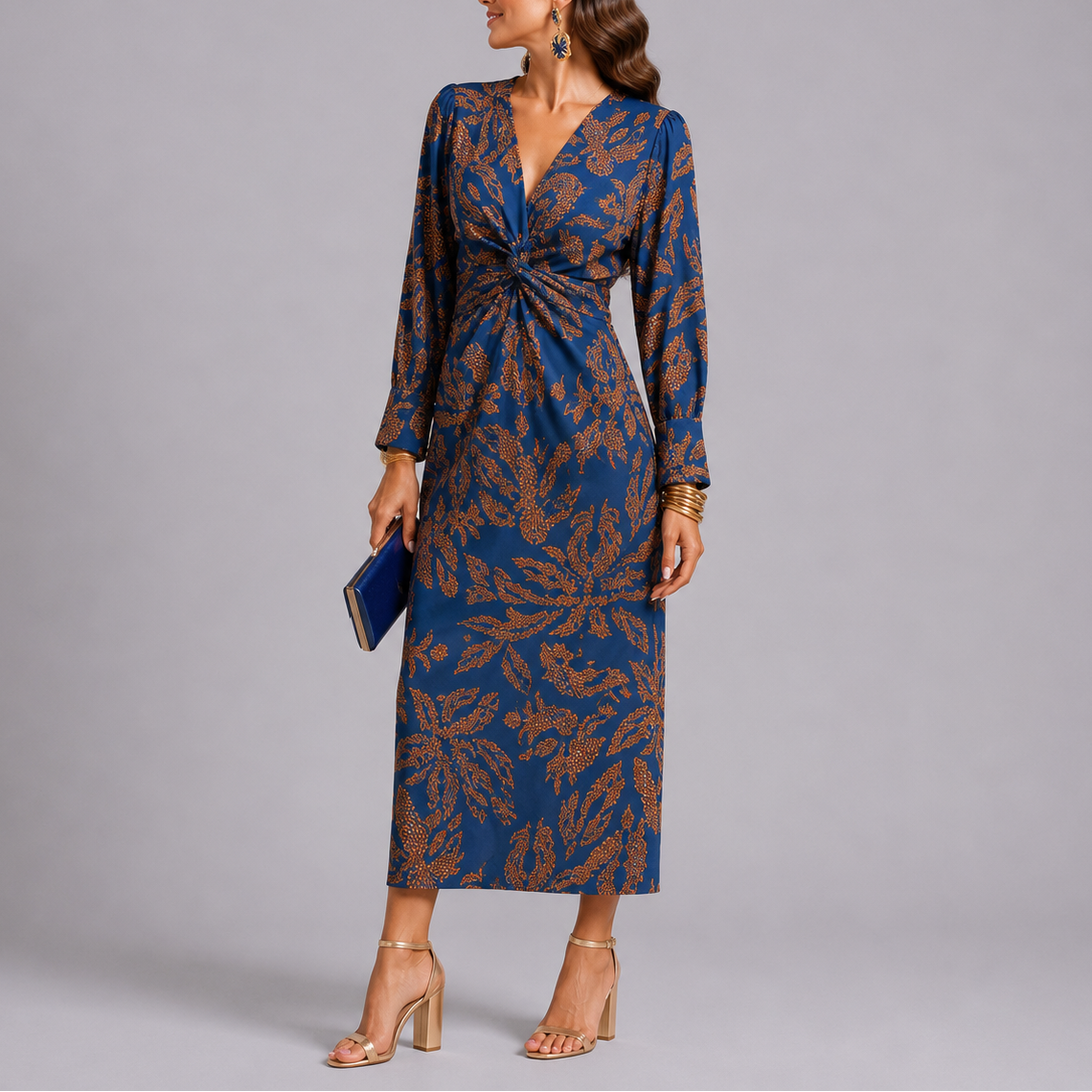 Isla | Elegant Twist-Front Black Tie Dress with Floral Print Midi Skirt