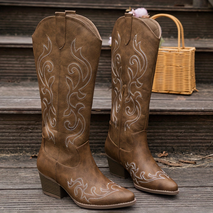 Isla | Embroidered Knee High Cowboy Winter Boots