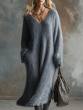 Ivy | Sophisticated Fluffy Knit V-Neck Jumper Dress