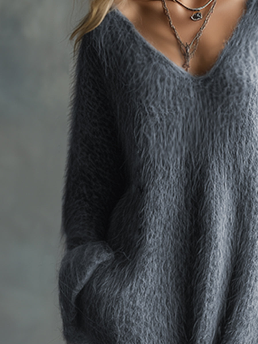 Ivy | Sophisticated Fluffy Knit V-Neck Jumper Dress