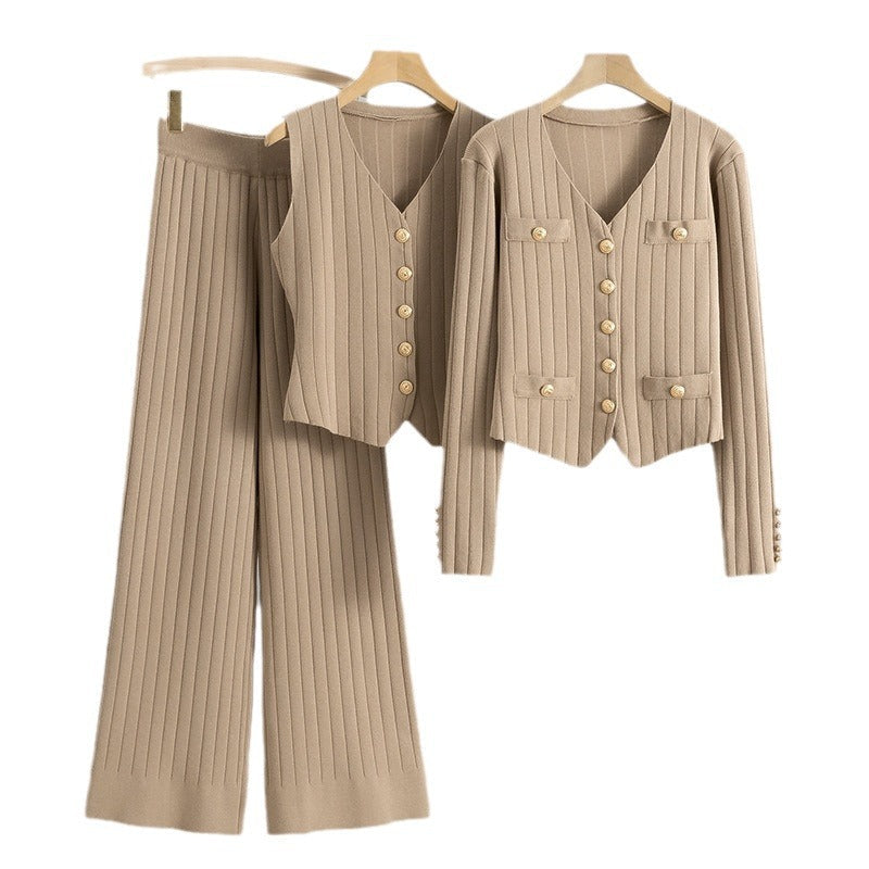 Jasmine | Elegant Ribbed Three Piece Wide Leg Lounge Set