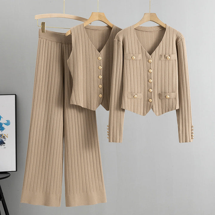 Jasmine | Elegant Ribbed Three Piece Wide Leg Lounge Set