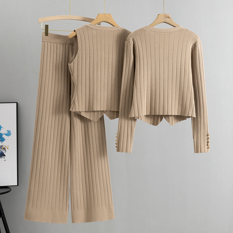 Jasmine | Elegant Ribbed Three Piece Wide Leg Lounge Set
