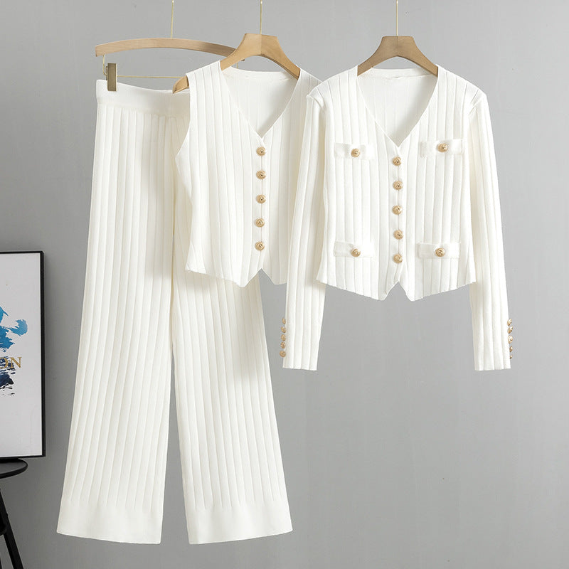 Jasmine | Elegant Ribbed Three Piece Wide Leg Lounge Set
