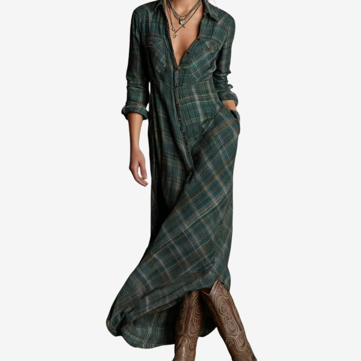 Jasmine | Sophisticated Plaid Button-Down Autumn Wedding Guest Maxi Dress