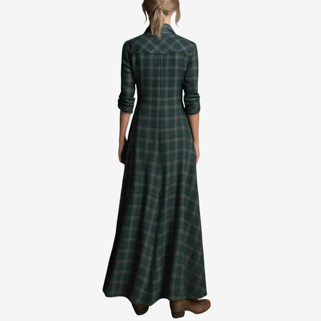 Jasmine | Sophisticated Plaid Button-Down Autumn Wedding Guest Maxi Dress