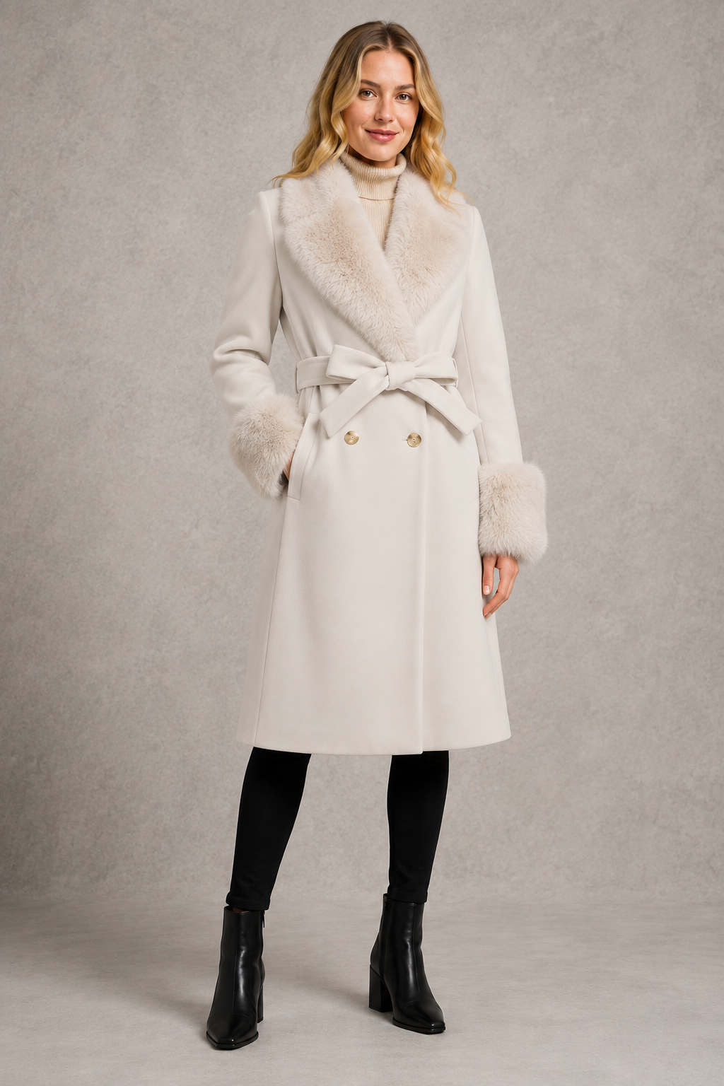 Jessica | Polished Belted Longline Plus Size Coat with Faux Fur Trim