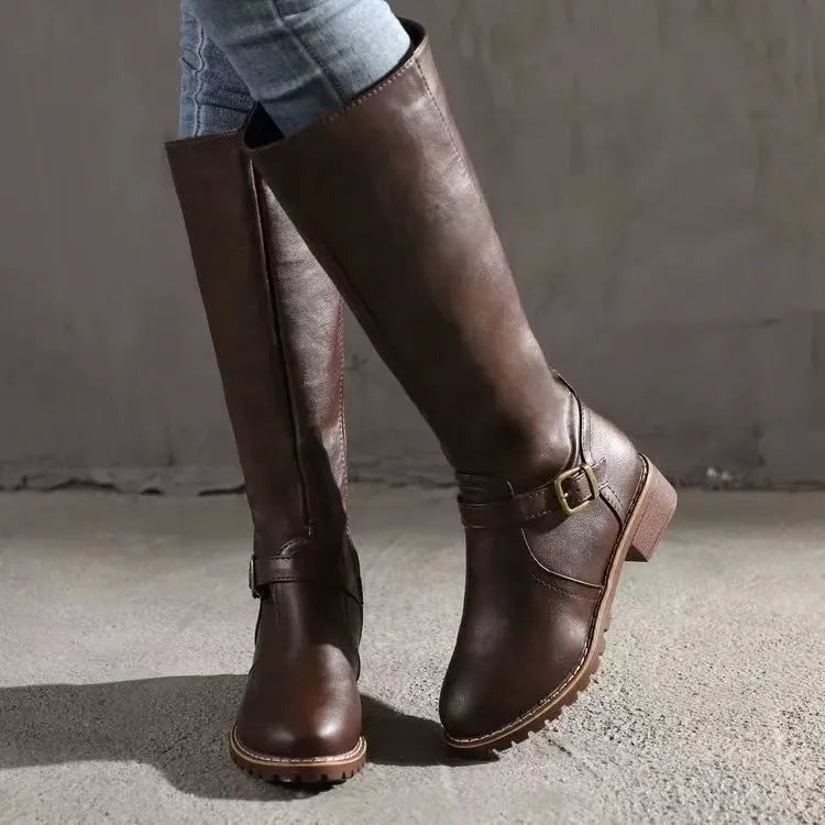 Millie | Effortless Buckle Detail Knee High Brown Boots