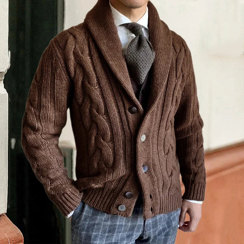 Liam | Elegant Shawl Collar Cable Knit Mens Cardigan