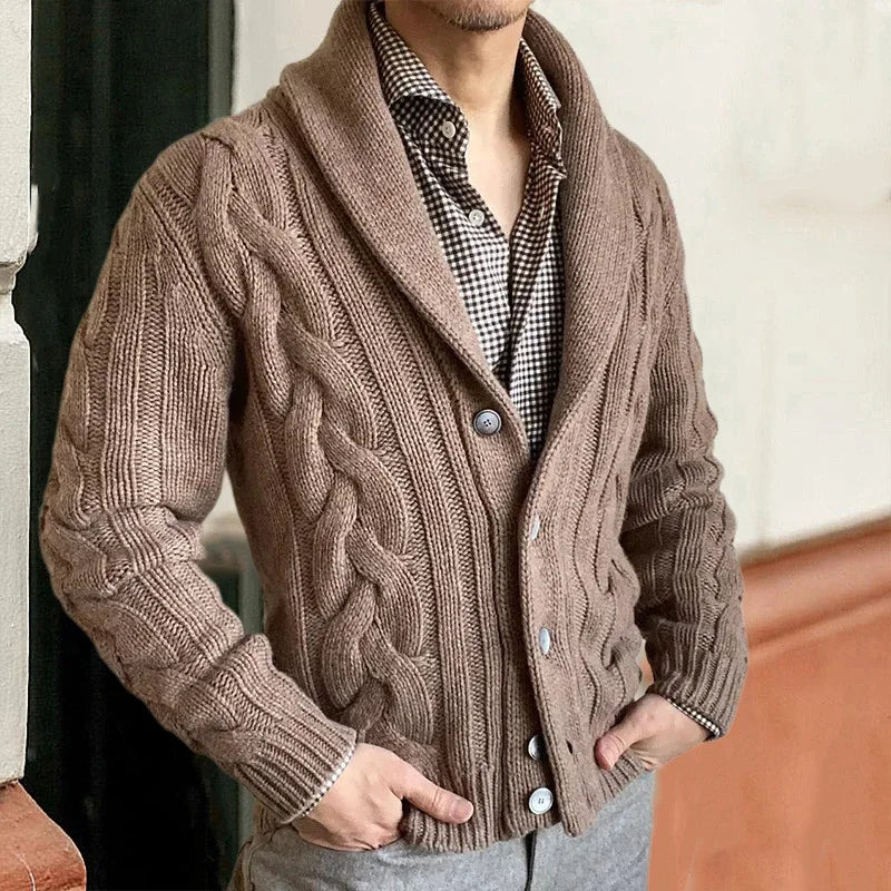 Liam | Elegant Shawl Collar Cable Knit Mens Cardigan