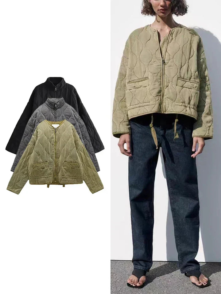 Lottie | Collarless Zip Up Quilted Jacket
