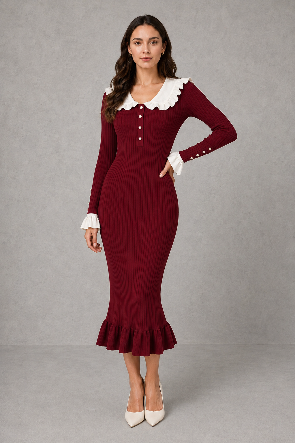 Lyla | Classic Ribbed Ruffle Collar Jumper Dress