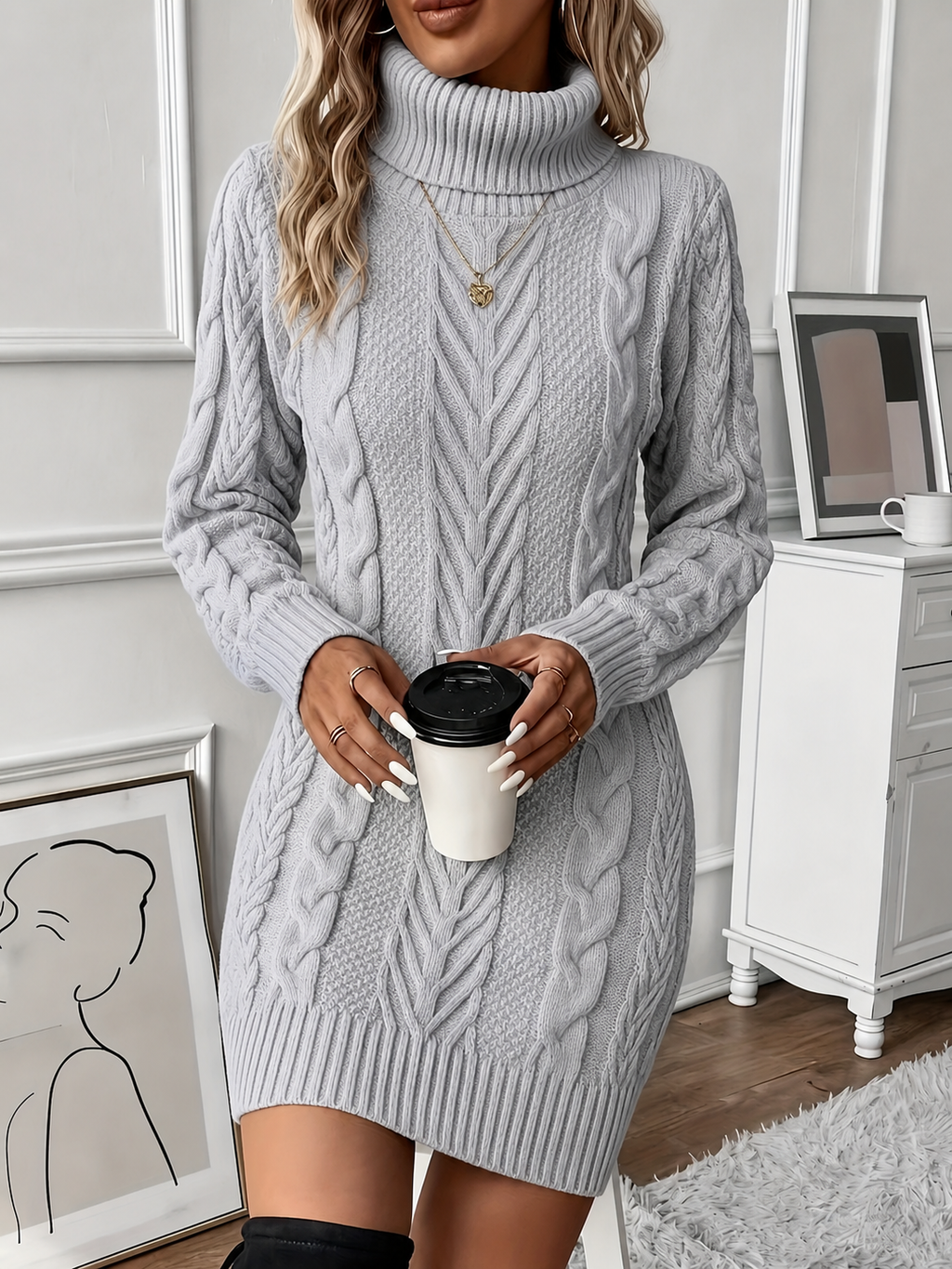 Mabel | Polished Cable Knit Turtleneck Mini Winter Dress