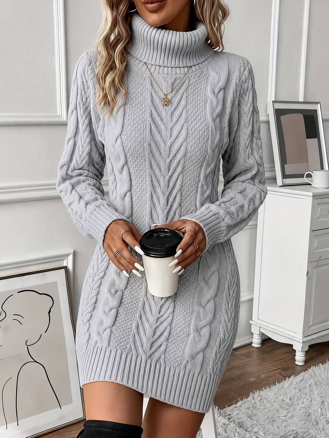 Mabel | Polished Cable Knit Turtleneck Mini Winter Dress
