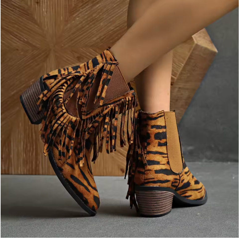 Maisie | Animal Print Fringe Western Ankle Boots