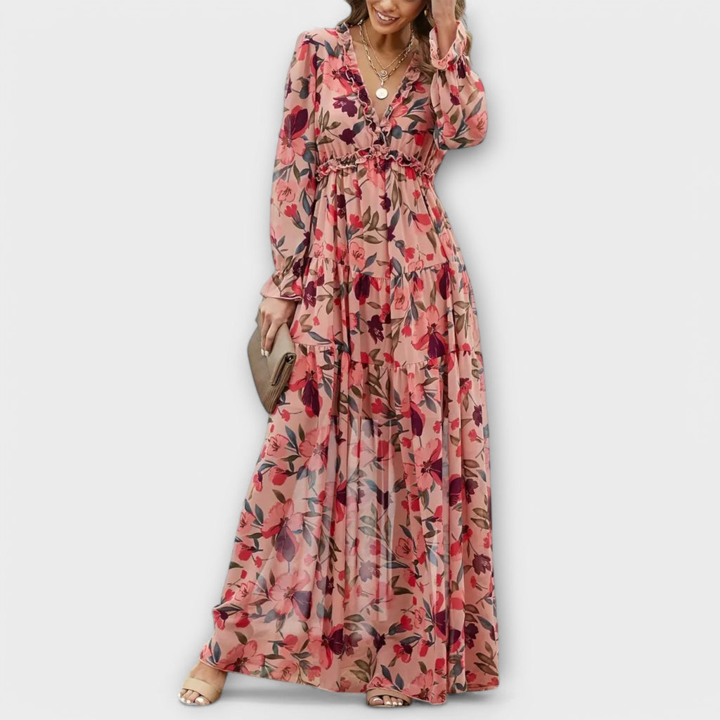 Mia | Graceful Floral Tiered Autumn Wedding Guest Maxi Dress