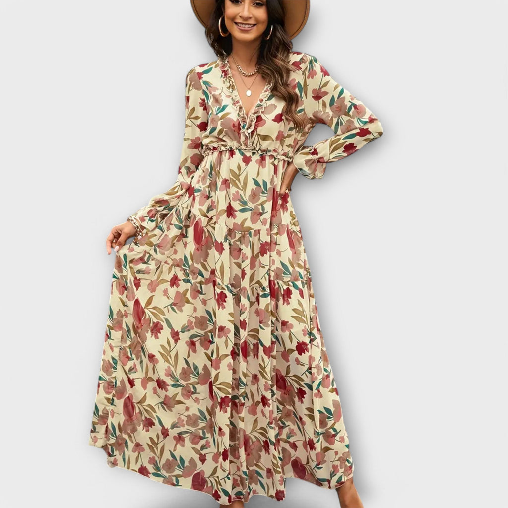 Mia | Graceful Floral Tiered Autumn Wedding Guest Maxi Dress
