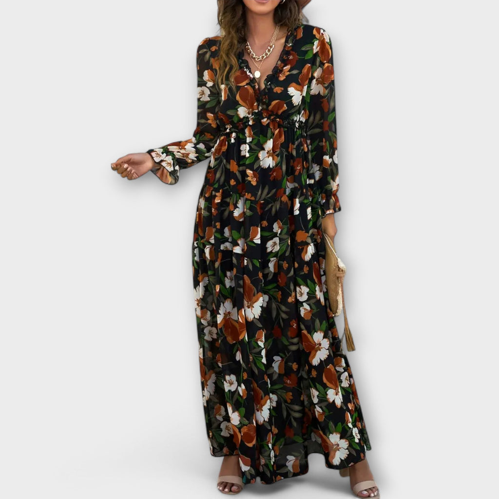 Mia | Graceful Floral Tiered Autumn Wedding Guest Maxi Dress