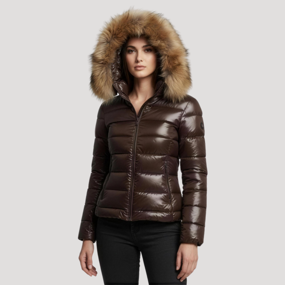 Mia | Stylish Hooded Fur Jacket with Glossy Puffer Finish