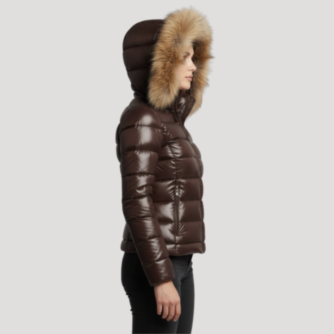 Mia | Stylish Hooded Fur Jacket with Glossy Puffer Finish